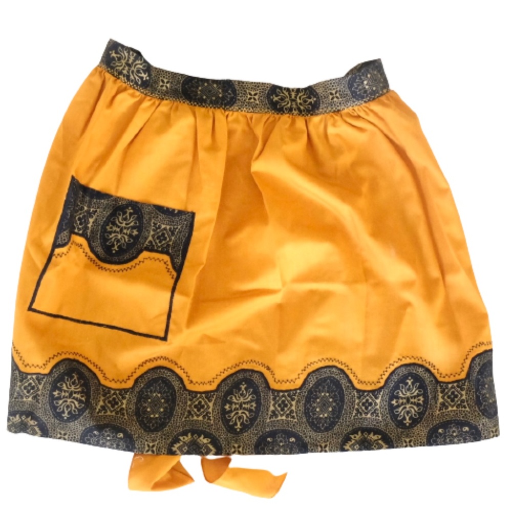 VINTAGE 1950s~HANDMADE KITCHEN APRON~GOLD/ORANGE & BLACK~RETRO STYLE